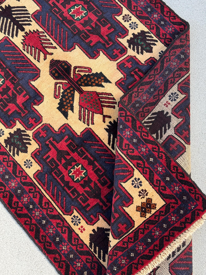 3x5 Handmade Vintage Afghan Baluch Rug | Cream Tan Caramel Coffee Brown Midnight Blue Black Blood Scarlet Red White Ivory Forest Green Wool
