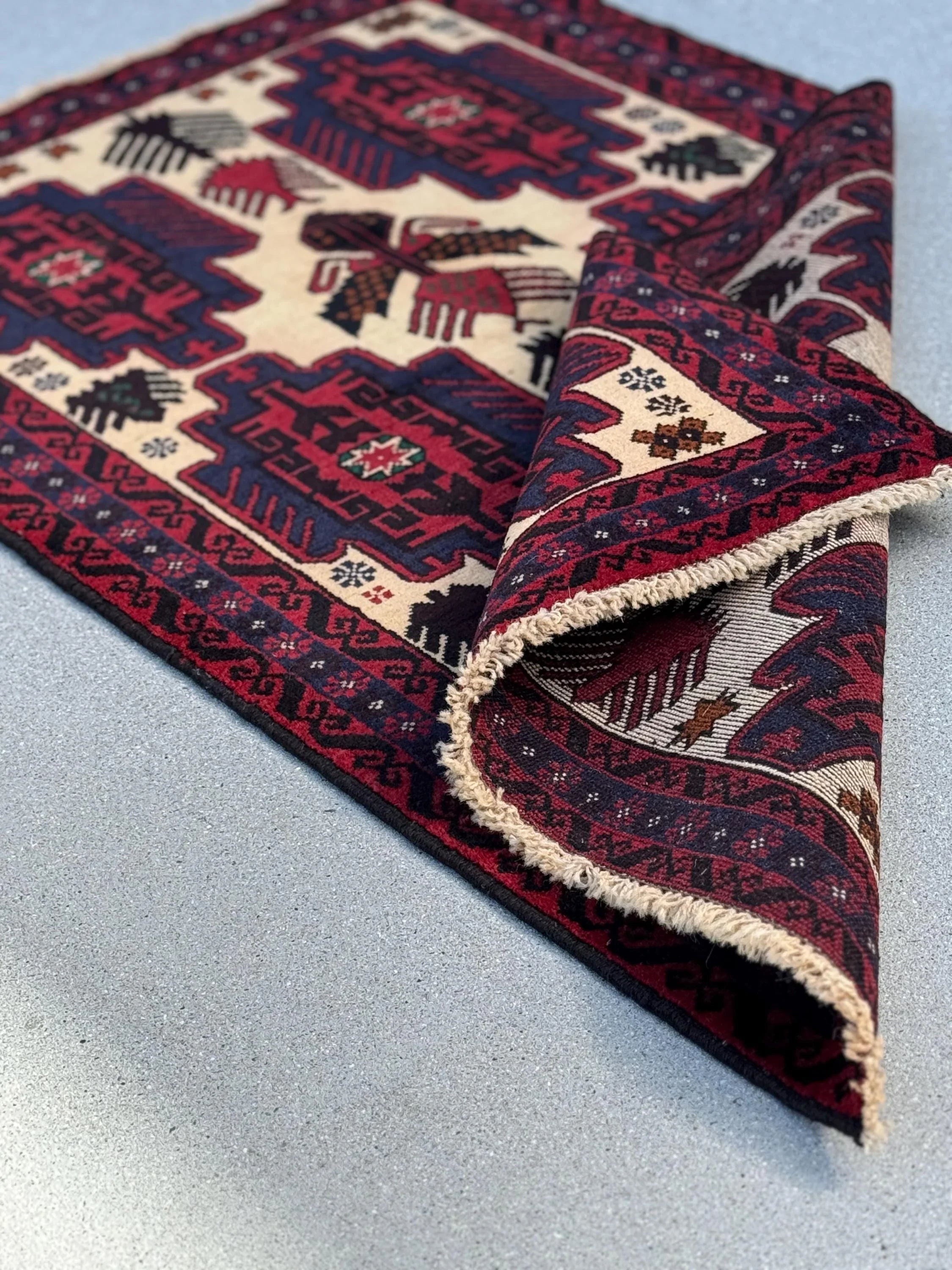 3x5 Handmade Vintage Afghan Baluch Rug | Cream Tan Caramel Coffee Brown Midnight Blue Black Blood Scarlet Red White Ivory Forest Green Wool