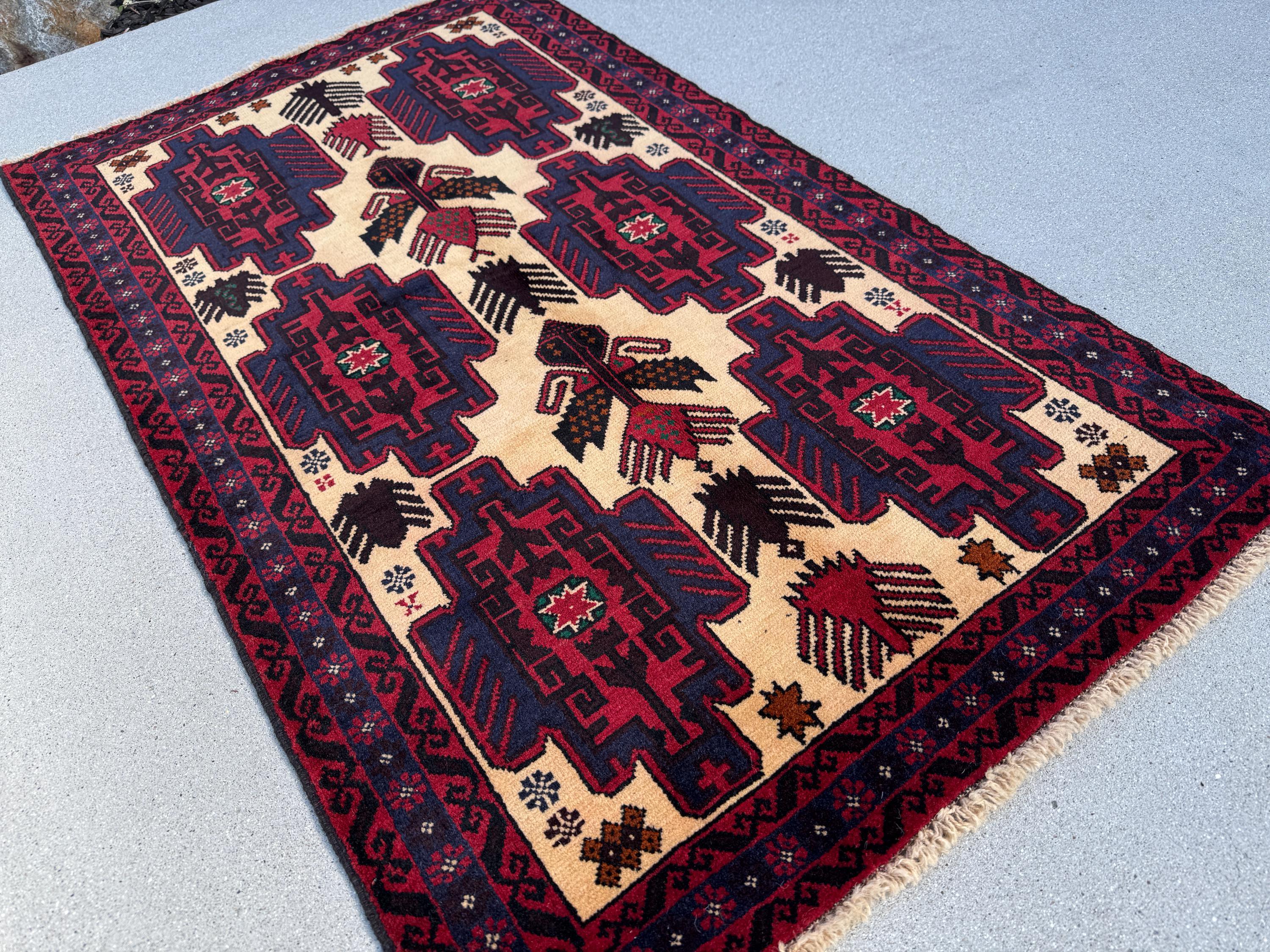 3x5 Handmade Vintage Afghan Baluch Rug | Cream Tan Caramel Coffee Brown Midnight Blue Black Blood Scarlet Red White Ivory Forest Green Wool