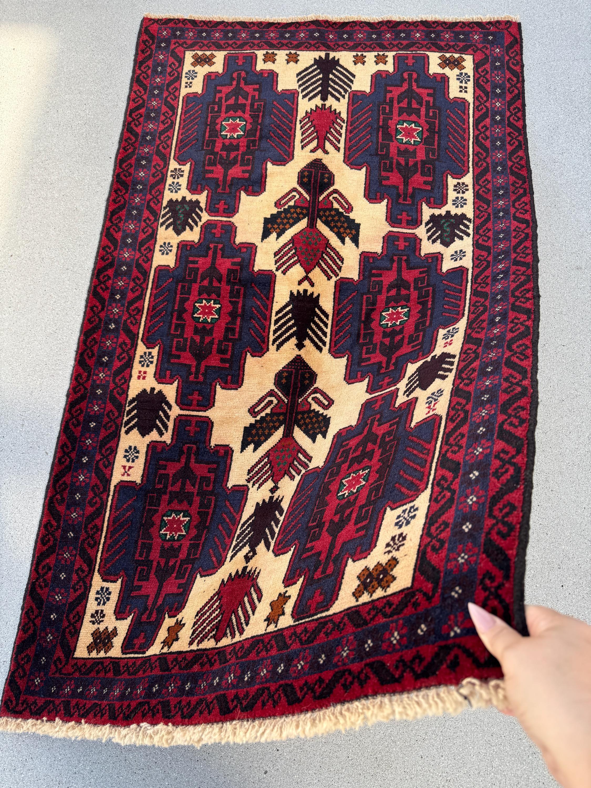 3x5 Handmade Vintage Afghan Baluch Rug | Cream Tan Caramel Coffee Brown Midnight Blue Black Blood Scarlet Red White Ivory Forest Green Wool