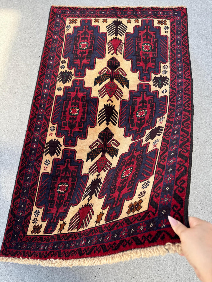 3x5 Handmade Vintage Afghan Baluch Rug | Cream Tan Caramel Coffee Brown Midnight Blue Black Blood Scarlet Red White Ivory Forest Green Wool