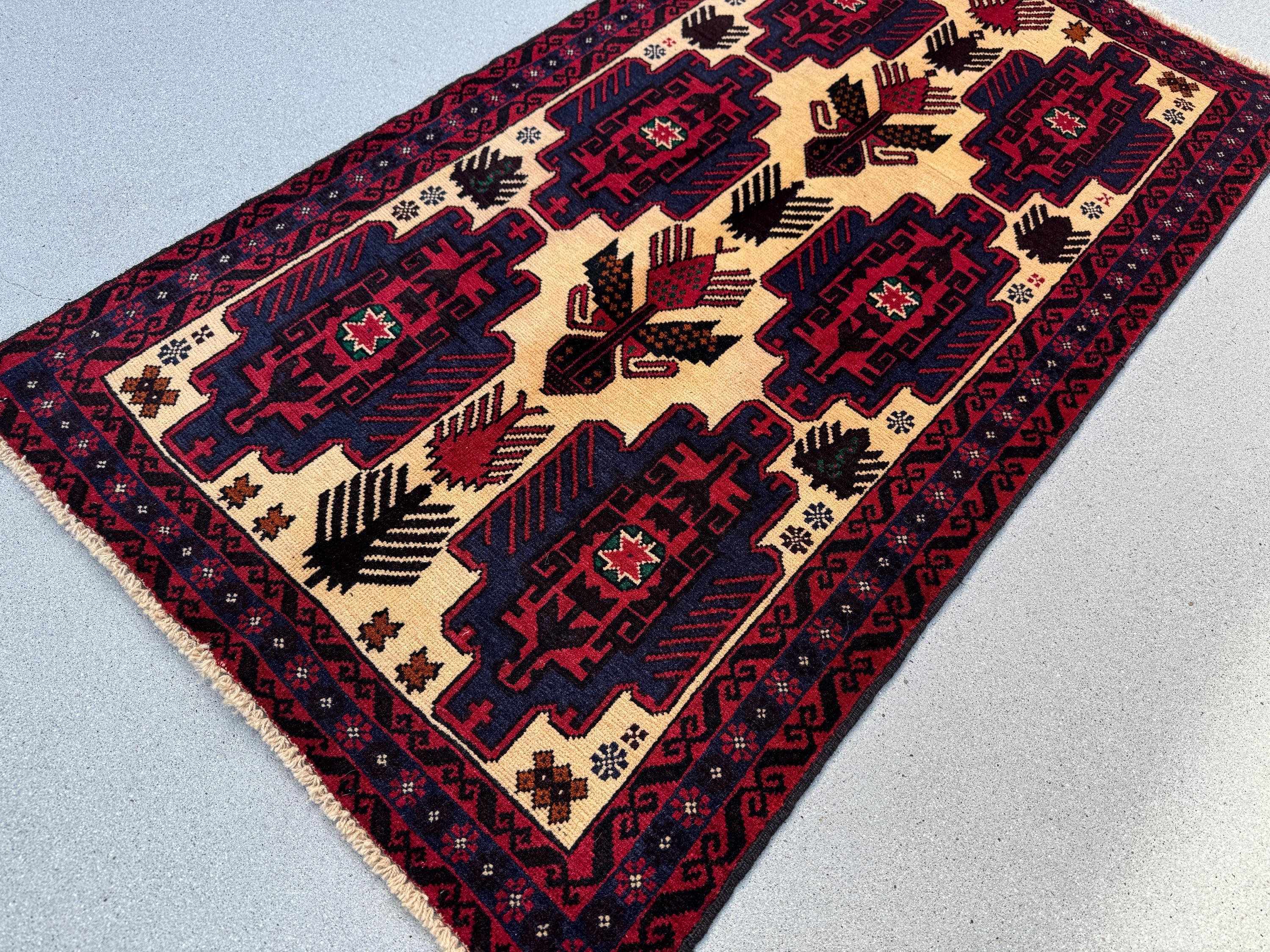 3x5 Handmade Vintage Afghan Baluch Rug | Cream Tan Caramel Coffee Brown Midnight Blue Black Blood Scarlet Red White Ivory Forest Green Wool