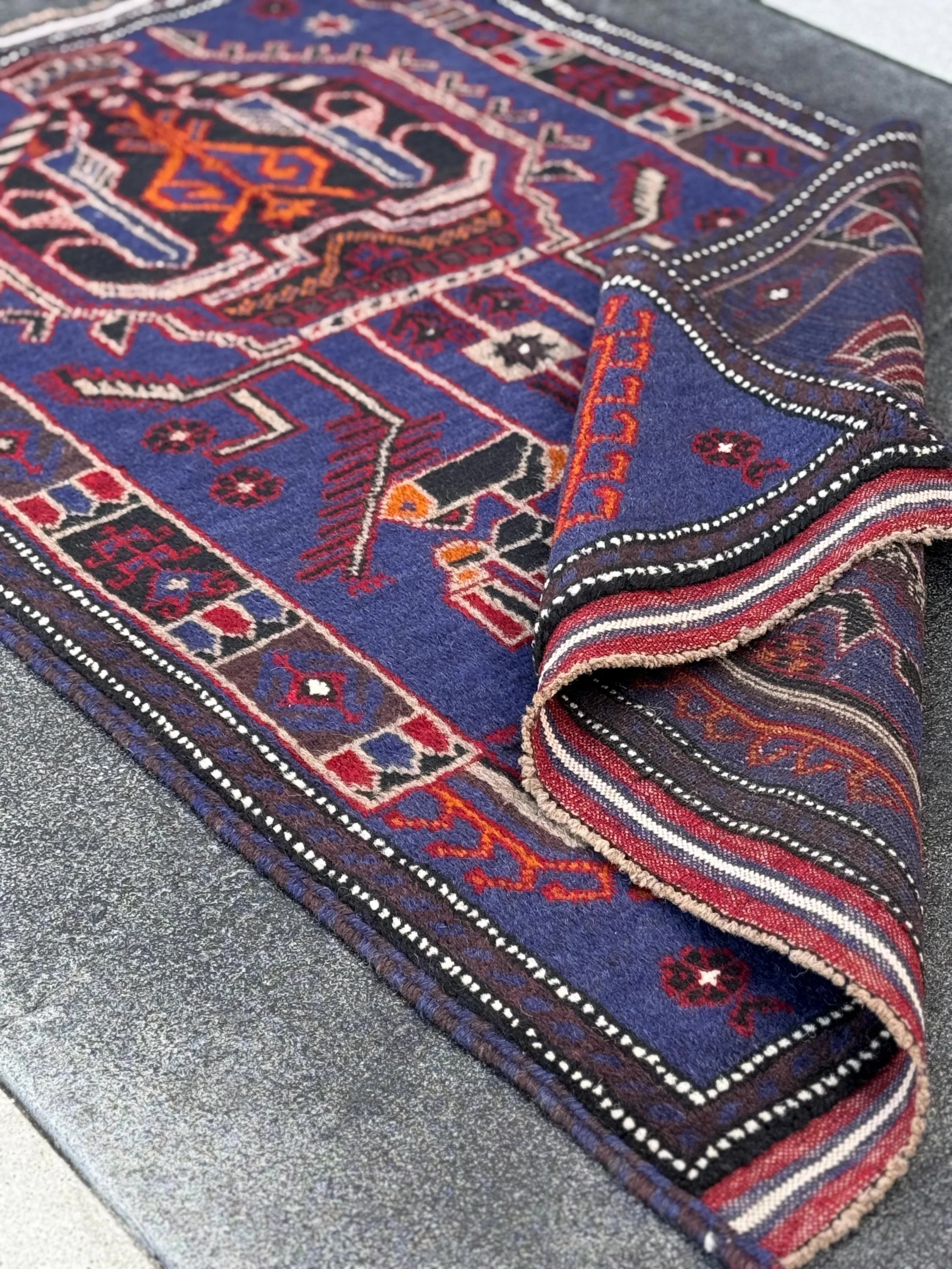 3x5 (91x152) Handmade Vintage Afghan Baluch Rug | Royal Blue Black White Ivory Orange Crimson Blood Red Taupe Cream | Wool Traditional