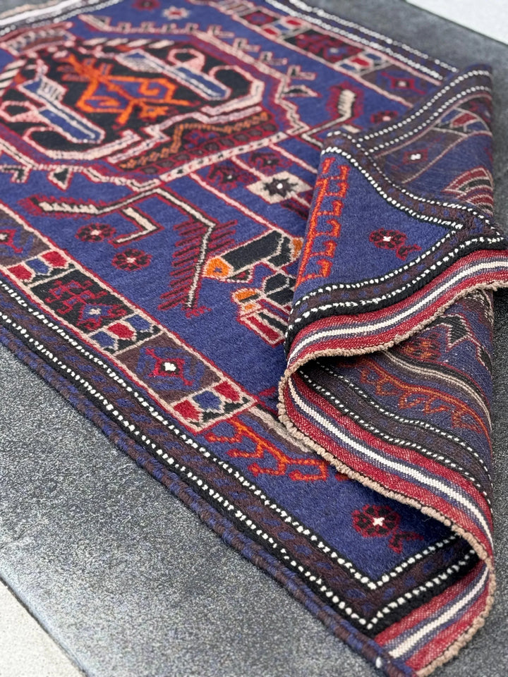 3x5 (91x152) Handmade Vintage Afghan Baluch Rug | Royal Blue Black White Ivory Orange Crimson Blood Red Taupe Cream | Wool Traditional