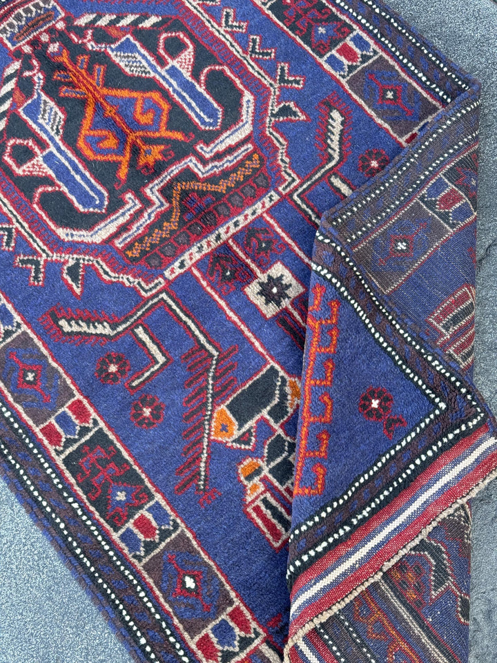 3x5 (91x152) Handmade Vintage Afghan Baluch Rug | Royal Blue Black White Ivory Orange Crimson Blood Red Taupe Cream | Wool Traditional