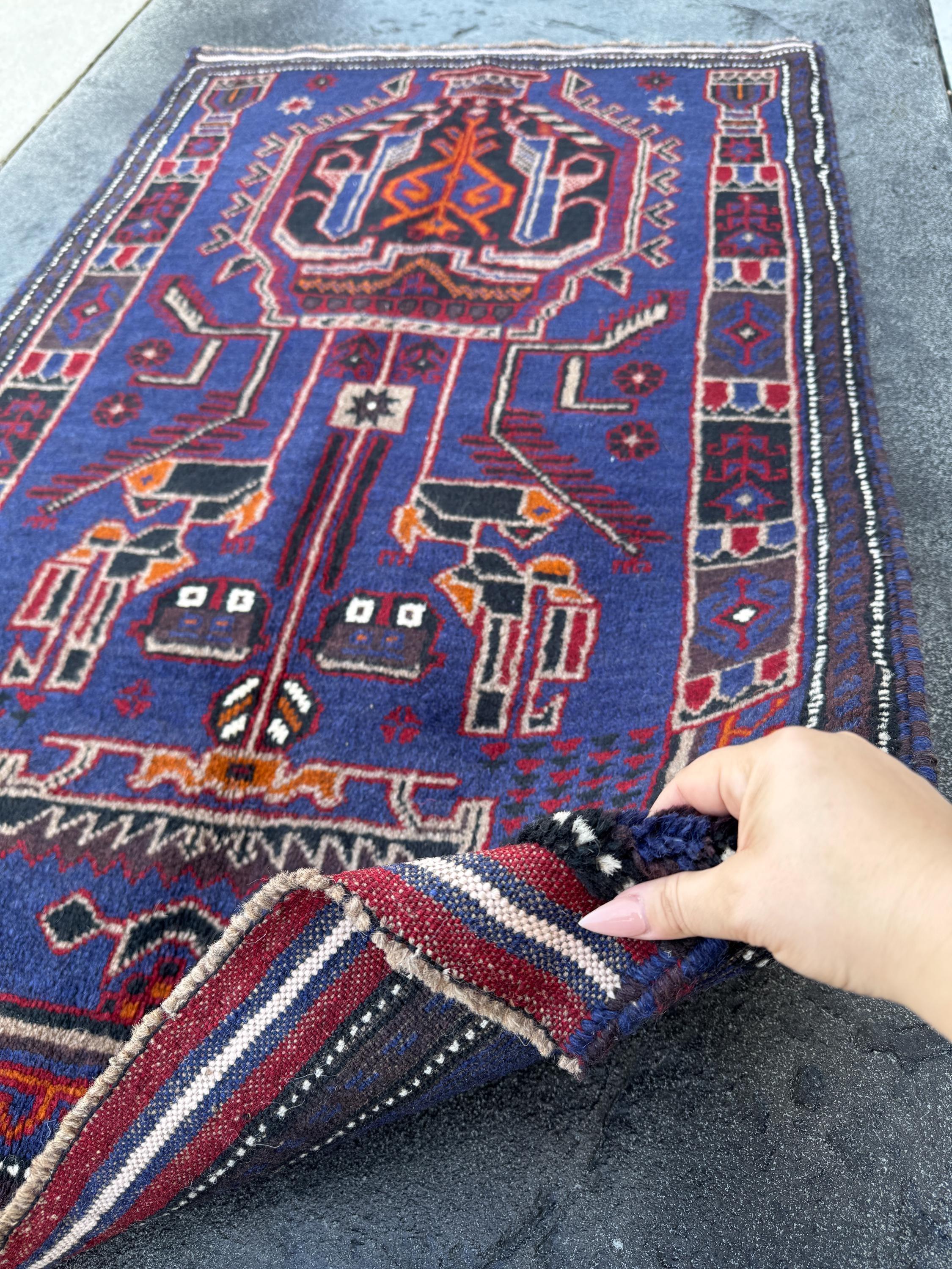 3x5 (91x152) Handmade Vintage Afghan Baluch Rug | Royal Blue Black White Ivory Orange Crimson Blood Red Taupe Cream | Wool Traditional