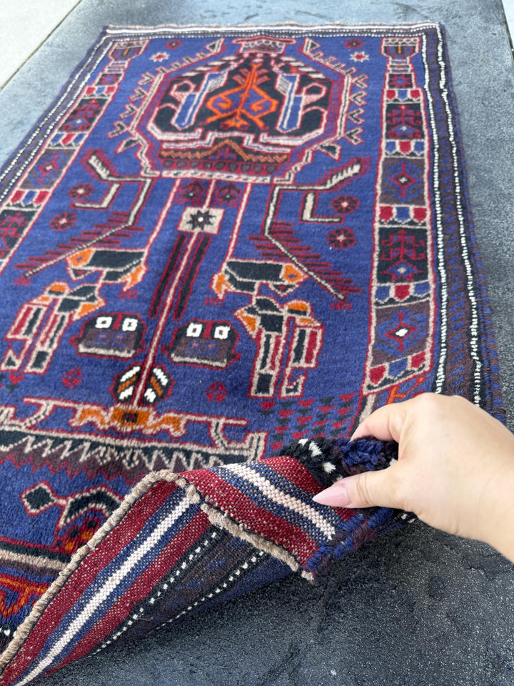 3x5 (91x152) Handmade Vintage Afghan Baluch Rug | Royal Blue Black White Ivory Orange Crimson Blood Red Taupe Cream | Wool Traditional