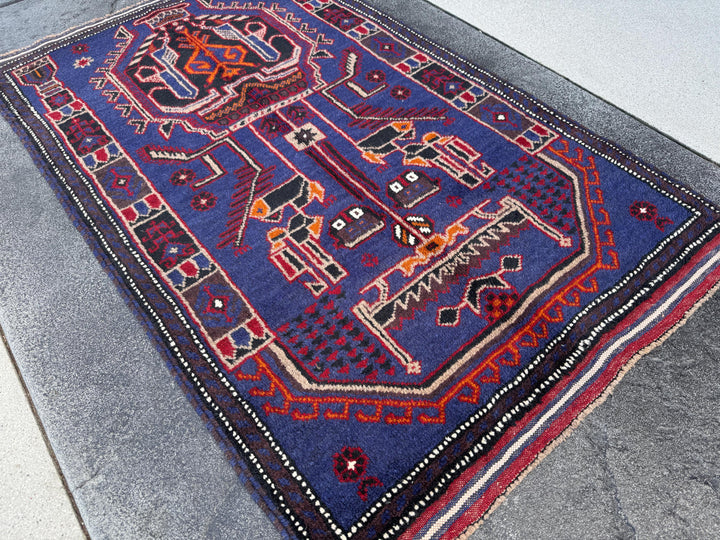 3x5 (91x152) Handmade Vintage Afghan Baluch Rug | Royal Blue Black White Ivory Orange Crimson Blood Red Taupe Cream | Wool Traditional