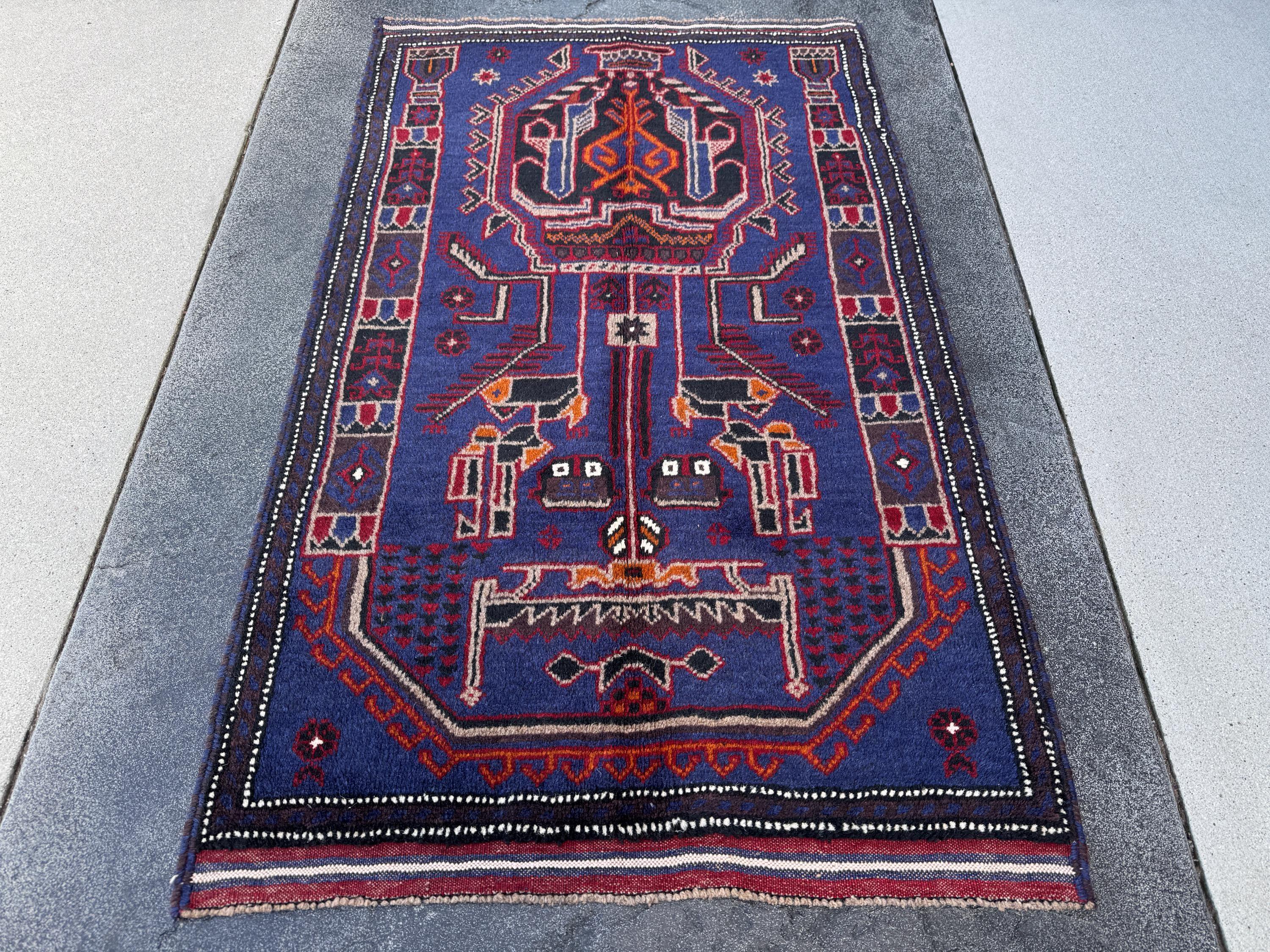 3x5 (91x152) Handmade Vintage Afghan Baluch Rug | Royal Blue Black White Ivory Orange Crimson Blood Red Taupe Cream | Wool Traditional