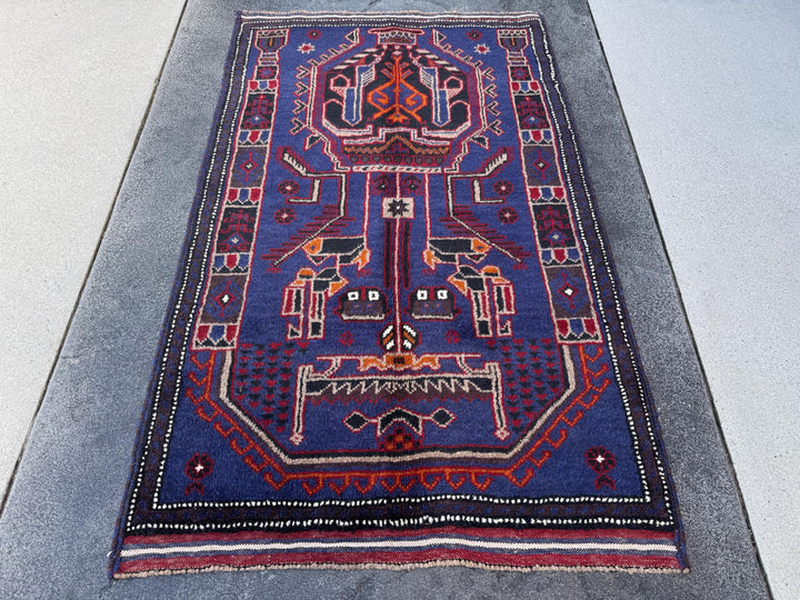 3x5 (91x152) Handmade Vintage Afghan Baluch Rug | Royal Blue Black White Ivory Orange Crimson Blood Red Taupe Cream | Wool Traditional