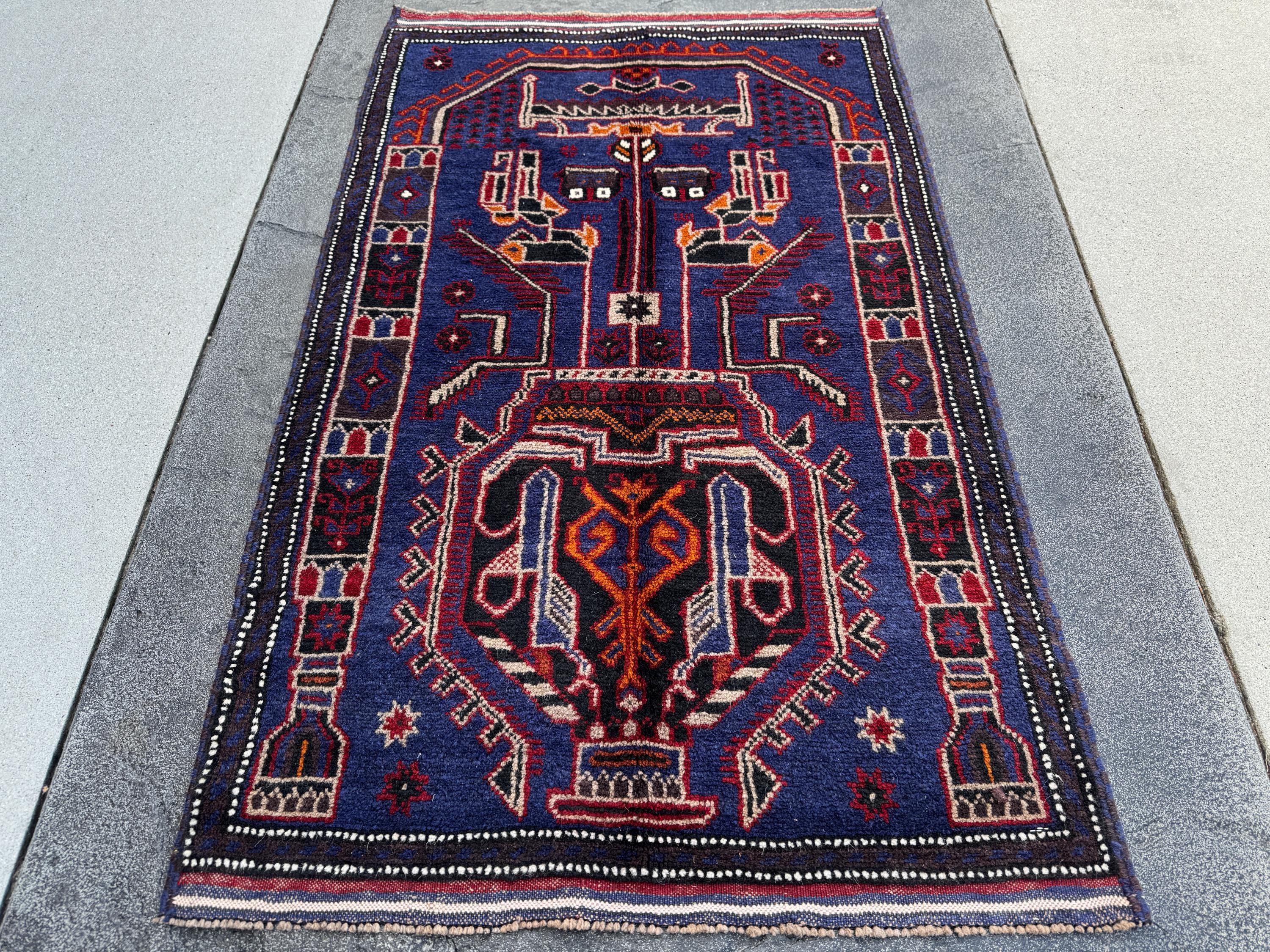 3x5 (91x152) Handmade Vintage Afghan Baluch Rug | Royal Blue Black White Ivory Orange Crimson Blood Red Taupe Cream | Wool Traditional