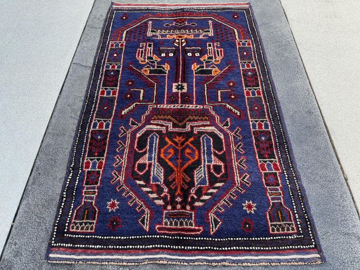 3x5 (91x152) Handmade Vintage Afghan Baluch Rug | Royal Blue Black White Ivory Orange Crimson Blood Red Taupe Cream | Wool Traditional