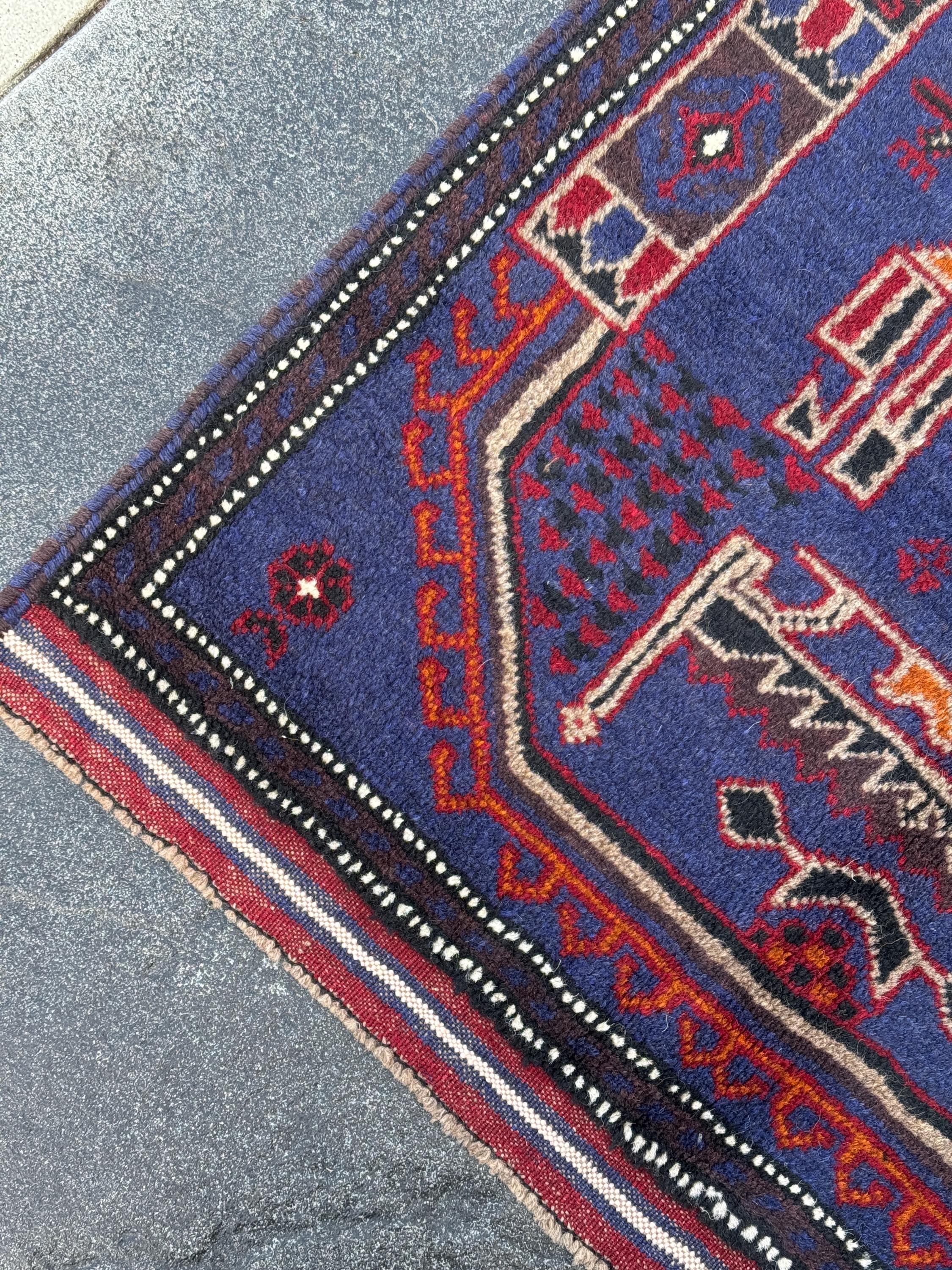 3x5 (91x152) Handmade Vintage Afghan Baluch Rug | Royal Blue Black White Ivory Orange Crimson Blood Red Taupe Cream | Wool Traditional