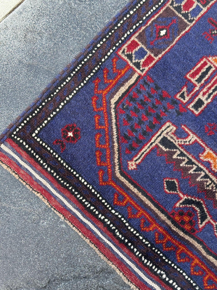 3x5 (91x152) Handmade Vintage Afghan Baluch Rug | Royal Blue Black White Ivory Orange Crimson Blood Red Taupe Cream | Wool Traditional