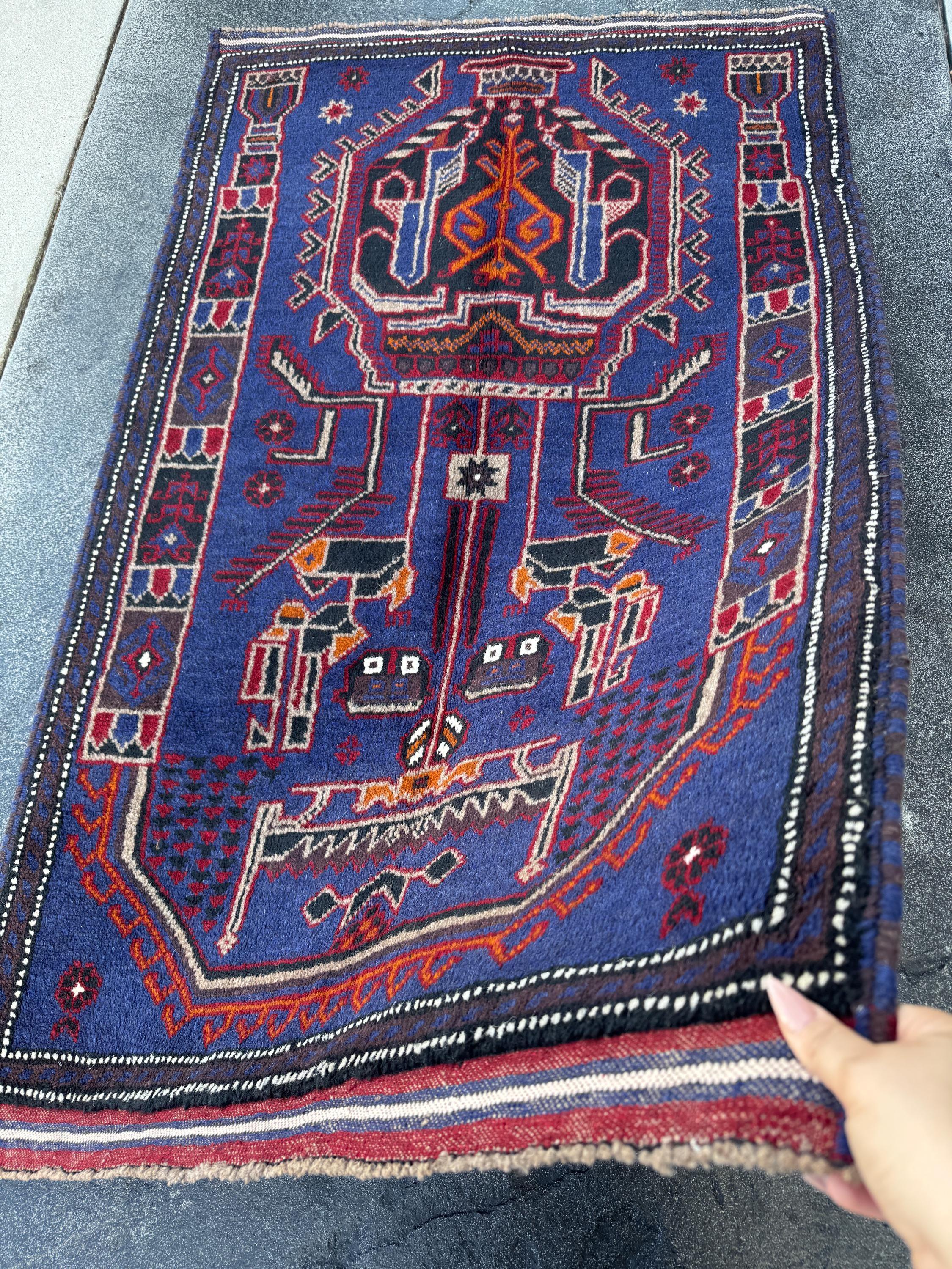 3x5 (91x152) Handmade Vintage Afghan Baluch Rug | Royal Blue Black White Ivory Orange Crimson Blood Red Taupe Cream | Wool Traditional