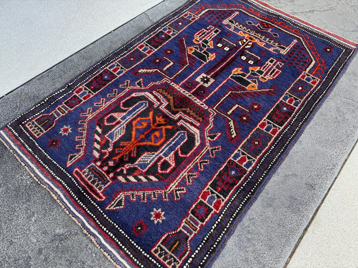 3x5 (91x152) Handmade Vintage Afghan Baluch Rug | Royal Blue Black White Ivory Orange Crimson Blood Red Taupe Cream | Wool Traditional