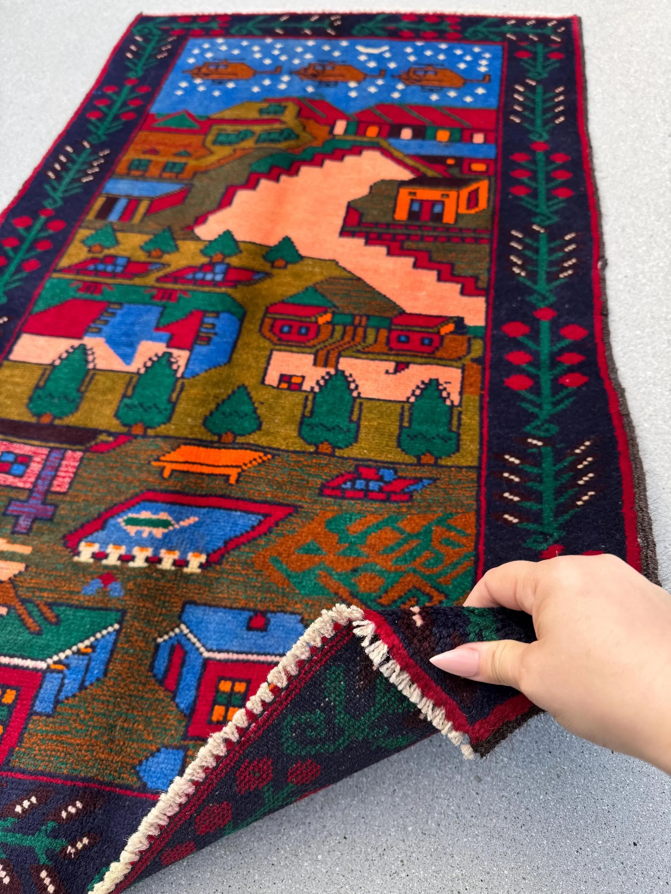 3x4 (91x121) Handmade Vintage Afghan Baluch Rug | Moss Olive Forest Green Peach Coral Burnt Orange Black Denim Midnight Blue Cream | Wool