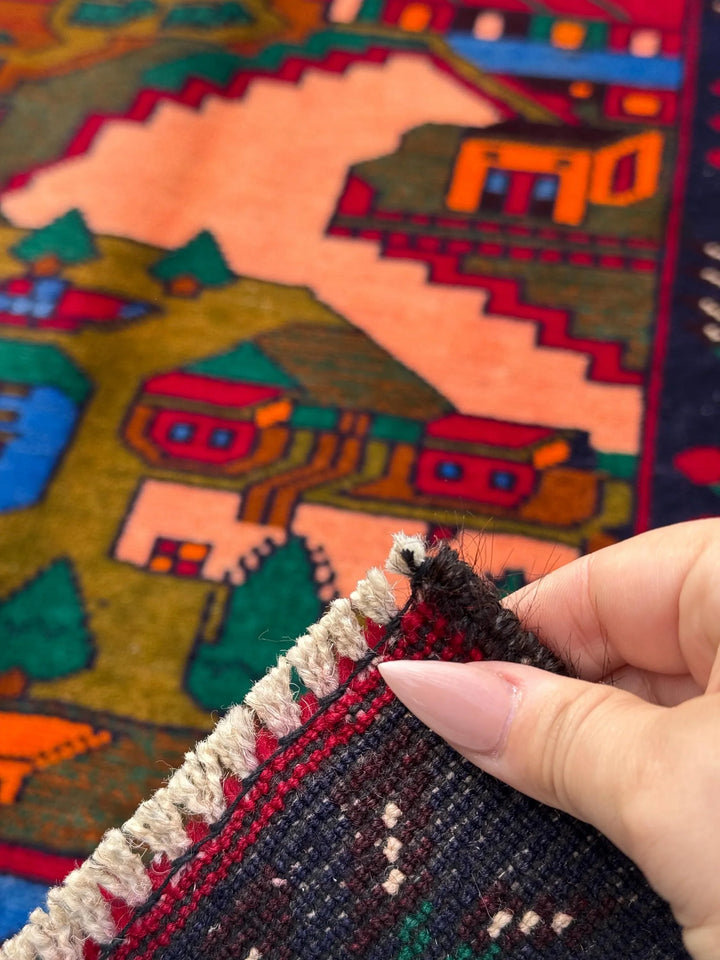 3x4 (91x121) Handmade Vintage Afghan Baluch Rug | Moss Olive Forest Green Peach Coral Burnt Orange Black Denim Midnight Blue Cream | Wool