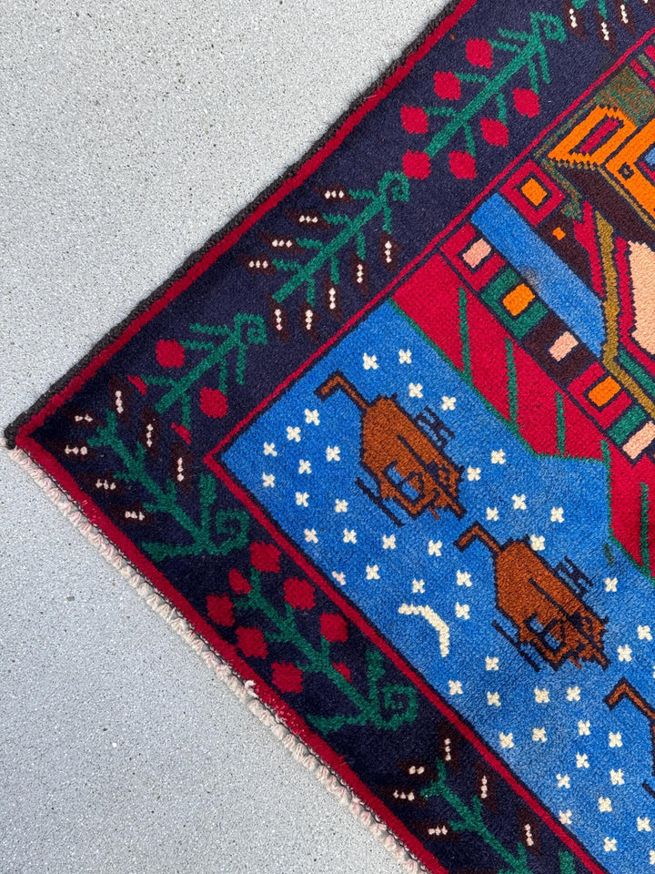 3x4 (91x121) Handmade Vintage Afghan Baluch Rug | Moss Olive Forest Green Peach Coral Burnt Orange Black Denim Midnight Blue Cream | Wool