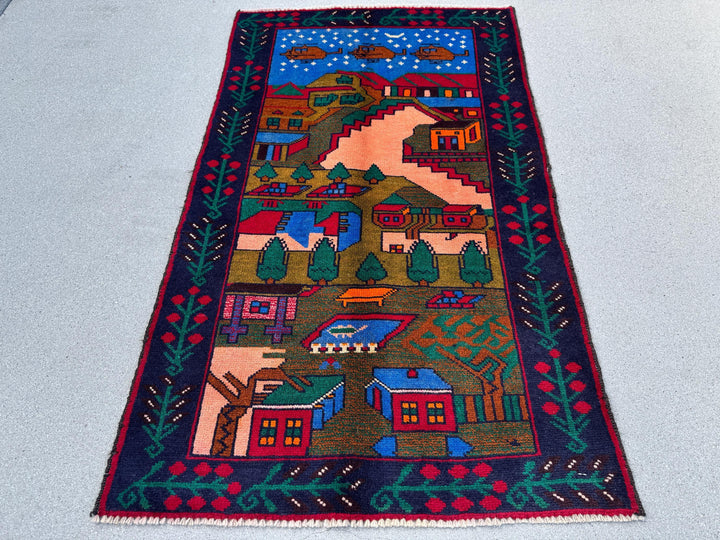 3x4 (91x121) Handmade Vintage Afghan Baluch Rug | Moss Olive Forest Green Peach Coral Burnt Orange Black Denim Midnight Blue Cream | Wool