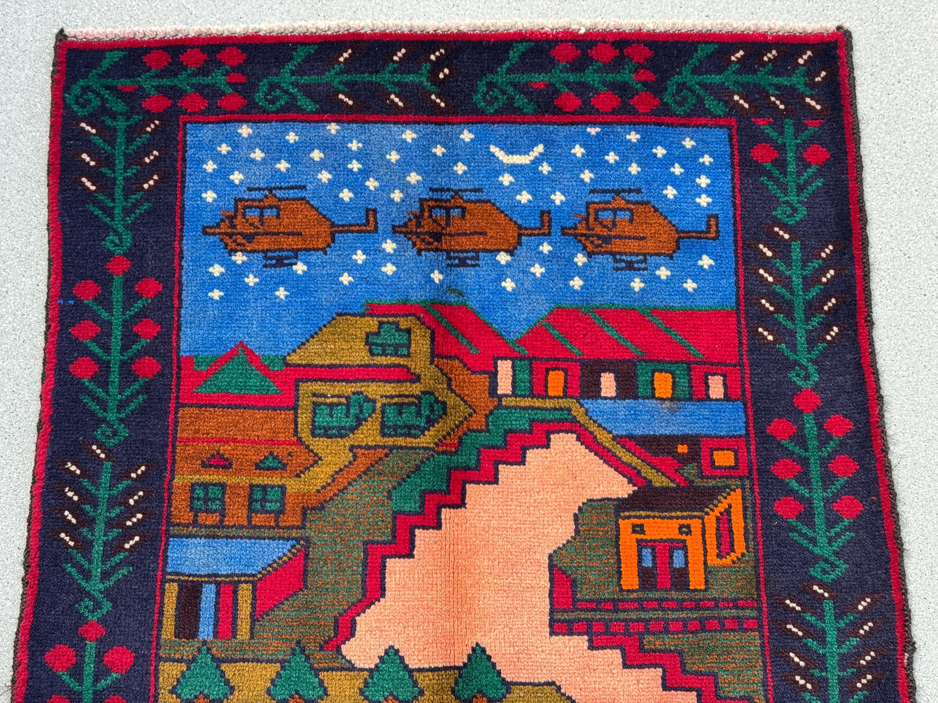 3x4 (91x121) Handmade Vintage Afghan Baluch Rug | Moss Olive Forest Green Peach Coral Burnt Orange Black Denim Midnight Blue Cream | Wool