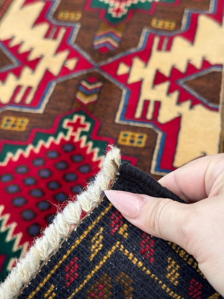 3x5 Handmade Vintage Afghan Baluch Rug | Saffron Peach Orange Mustard Yellow Coffee Chocolate Brown Forest Green Blood Red White Denim Blue