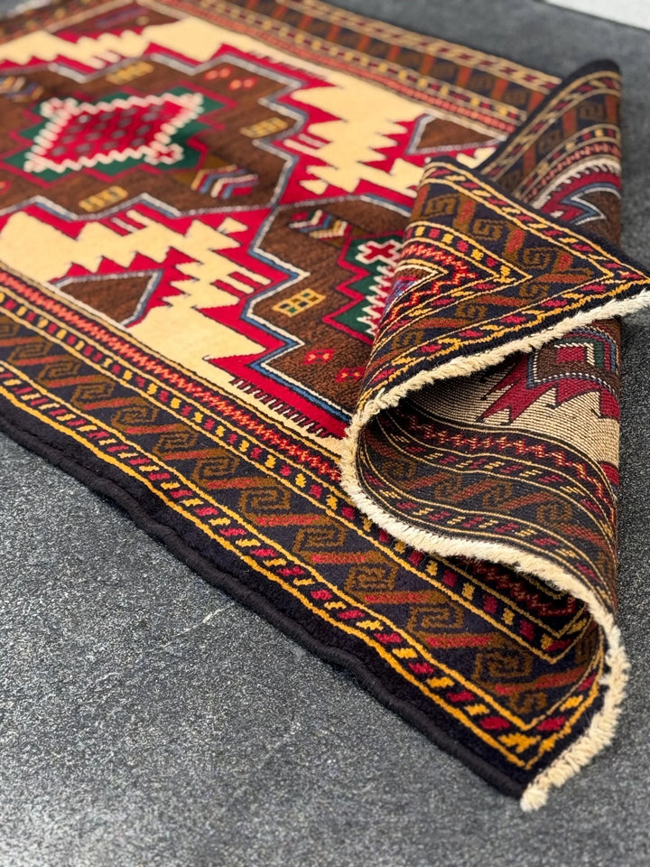 3x5 Handmade Vintage Afghan Baluch Rug | Saffron Peach Orange Mustard Yellow Coffee Chocolate Brown Forest Green Blood Red White Denim Blue