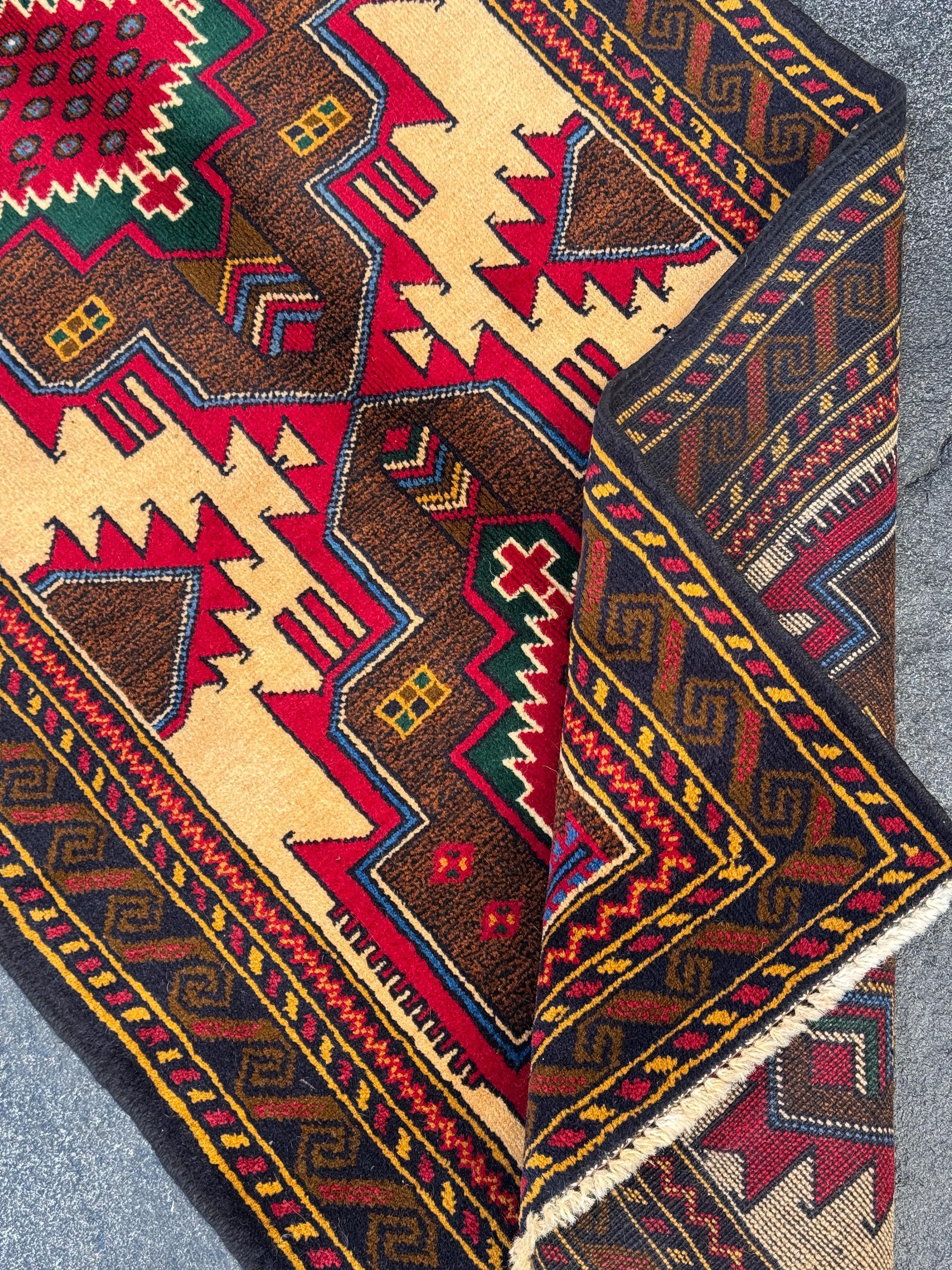 3x5 Handmade Vintage Afghan Baluch Rug | Saffron Peach Orange Mustard Yellow Coffee Chocolate Brown Forest Green Blood Red White Denim Blue