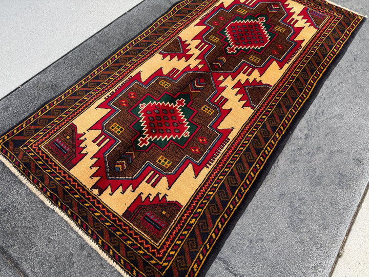 3x5 Handmade Vintage Afghan Baluch Rug | Saffron Peach Orange Mustard Yellow Coffee Chocolate Brown Forest Green Blood Red White Denim Blue
