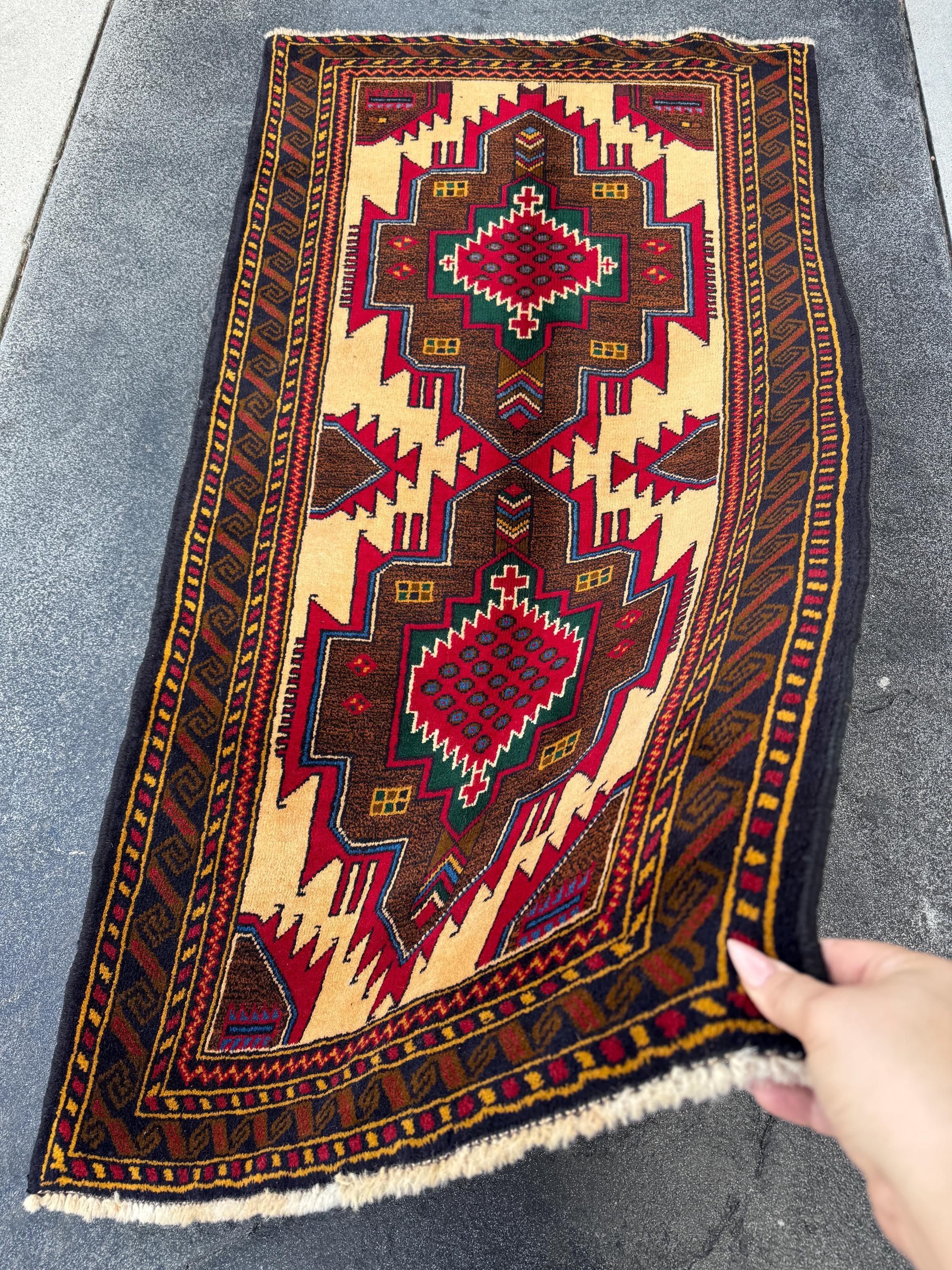 3x5 Handmade Vintage Afghan Baluch Rug | Saffron Peach Orange Mustard Yellow Coffee Chocolate Brown Forest Green Blood Red White Denim Blue