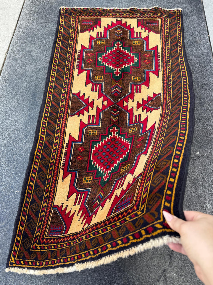 3x5 Handmade Vintage Afghan Baluch Rug | Saffron Peach Orange Mustard Yellow Coffee Chocolate Brown Forest Green Blood Red White Denim Blue