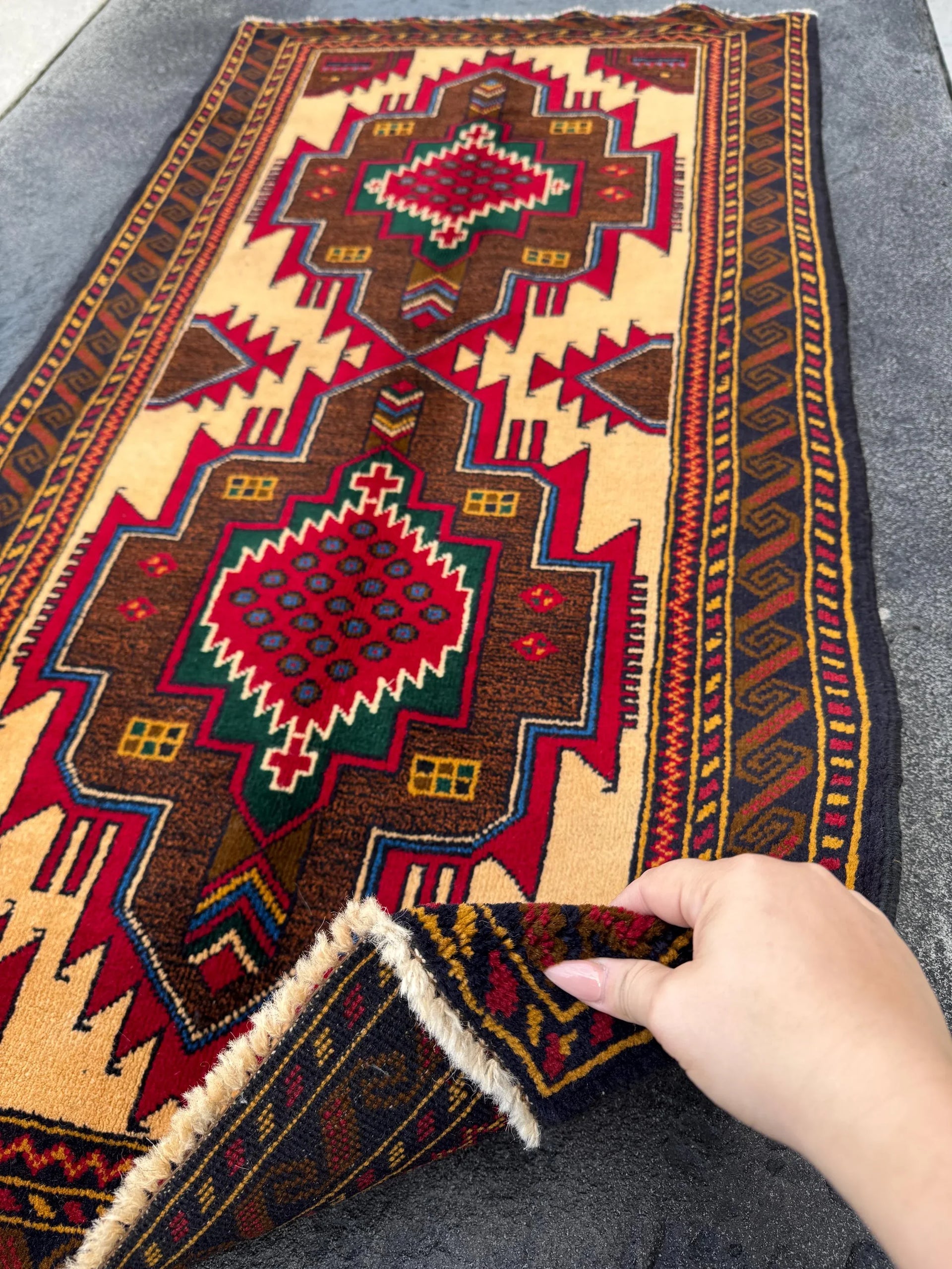 3x5 Handmade Vintage Afghan Baluch Rug | Saffron Peach Orange Mustard Yellow Coffee Chocolate Brown Forest Green Blood Red White Denim Blue