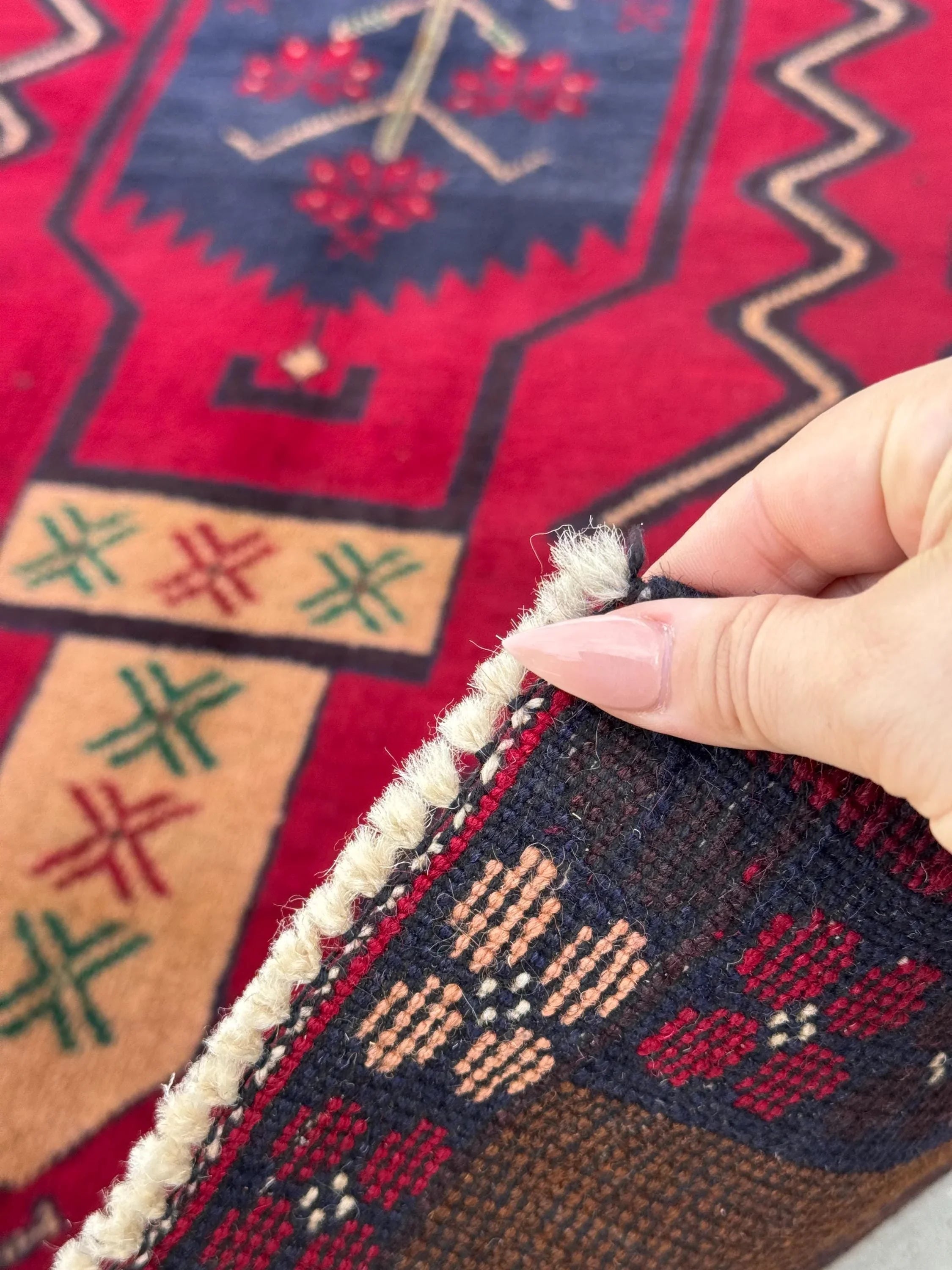 3x5 (91x152) Handmade Vintage Afghan Baluch Rug Coffee Brown Crimson Scarlet Red Navy Blue Maroon Forest Green White Cream Plum Forest Green