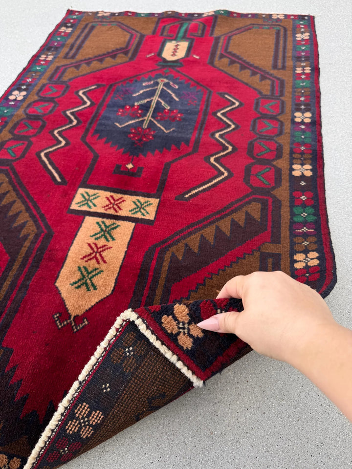 3x5 (91x152) Handmade Vintage Afghan Baluch Rug Coffee Brown Crimson Scarlet Red Navy Blue Maroon Forest Green White Cream Plum Forest Green