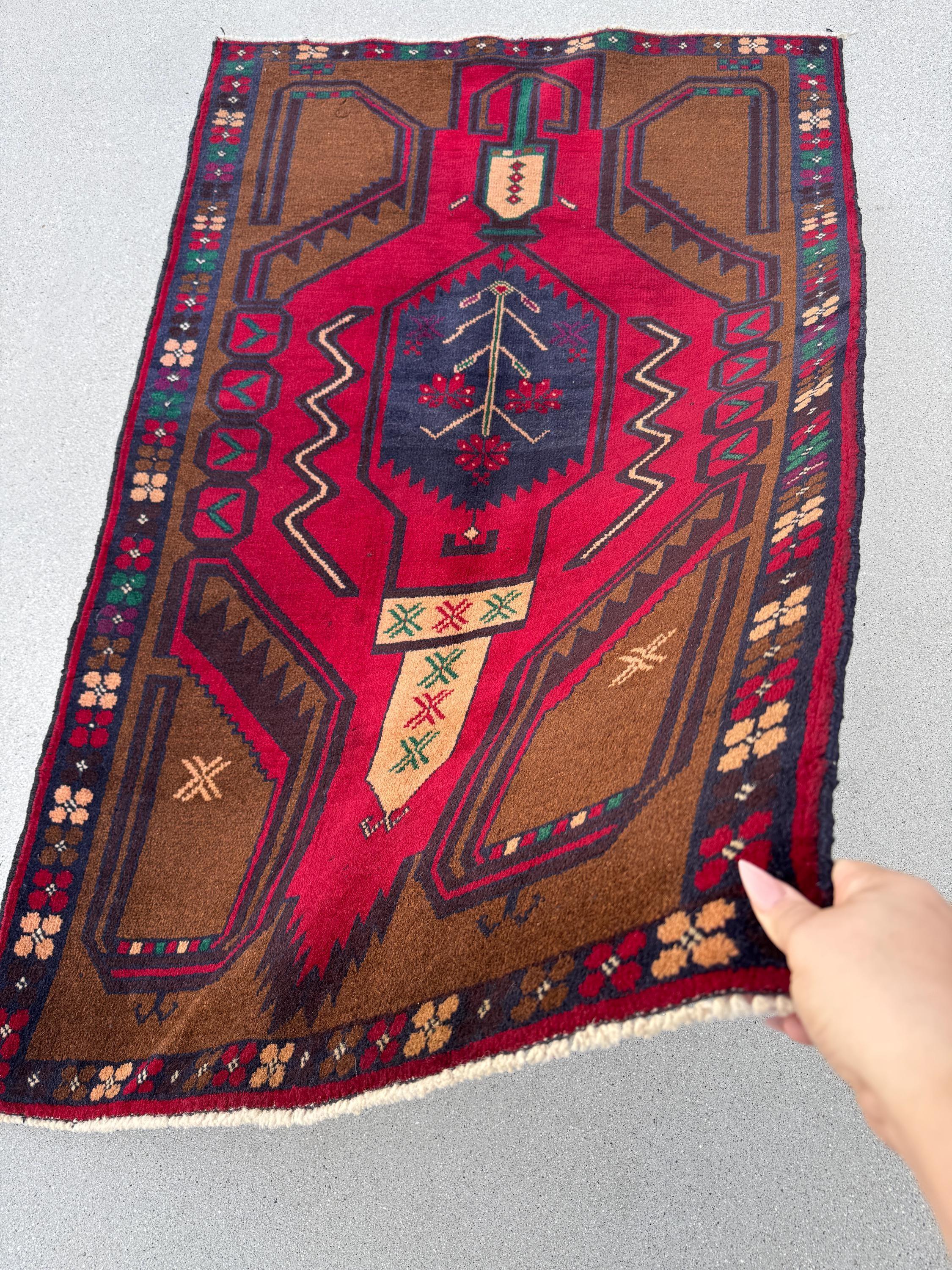 3x5 (91x152) Handmade Vintage Afghan Baluch Rug Coffee Brown Crimson Scarlet Red Navy Blue Maroon Forest Green White Cream Plum Forest Green