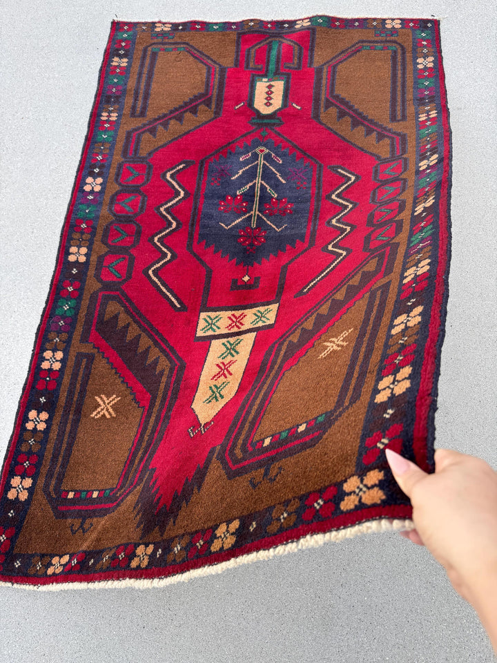 3x5 (91x152) Handmade Vintage Afghan Baluch Rug Coffee Brown Crimson Scarlet Red Navy Blue Maroon Forest Green White Cream Plum Forest Green