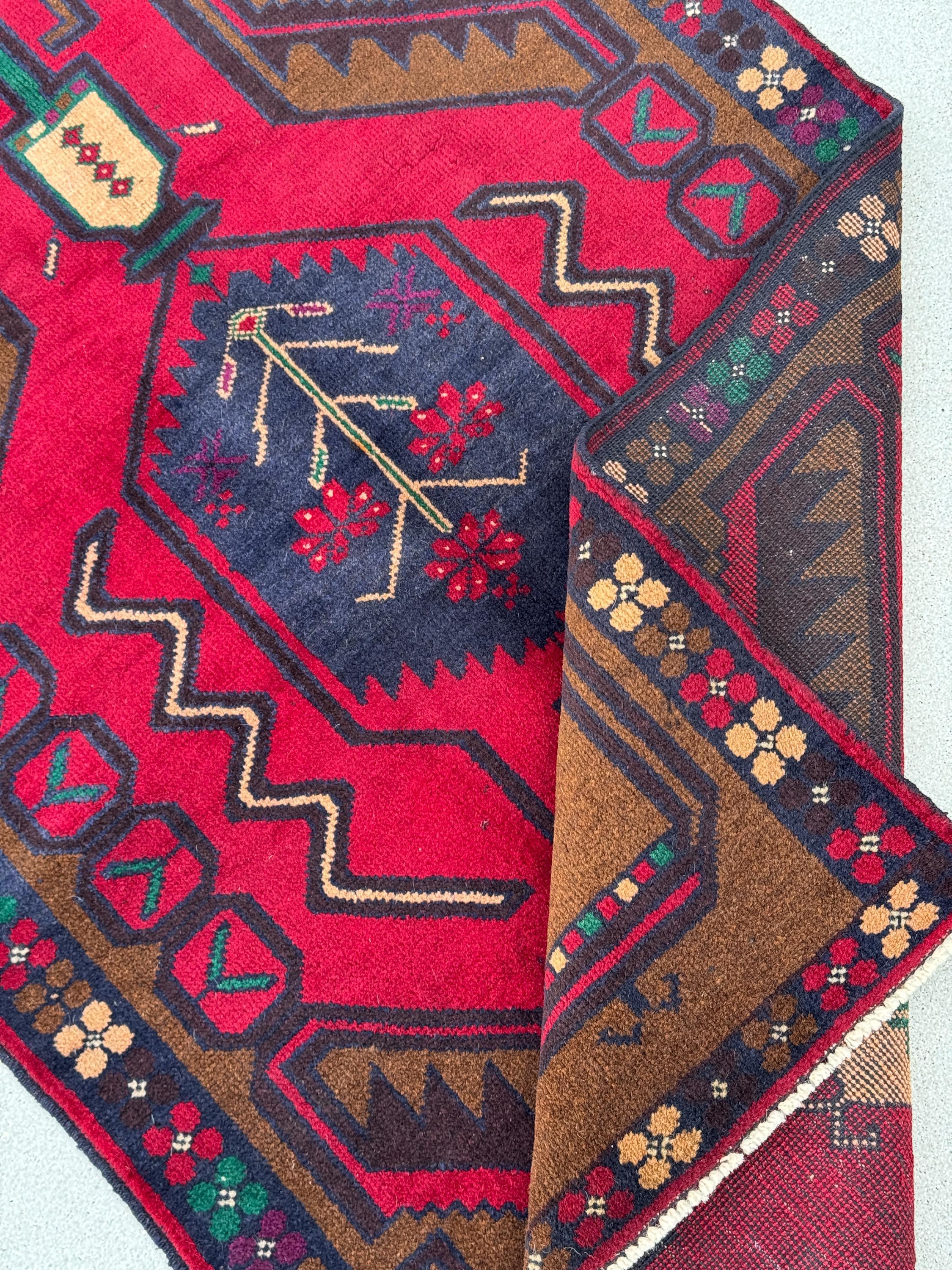 3x5 (91x152) Handmade Vintage Afghan Baluch Rug Coffee Brown Crimson Scarlet Red Navy Blue Maroon Forest Green White Cream Plum Forest Green