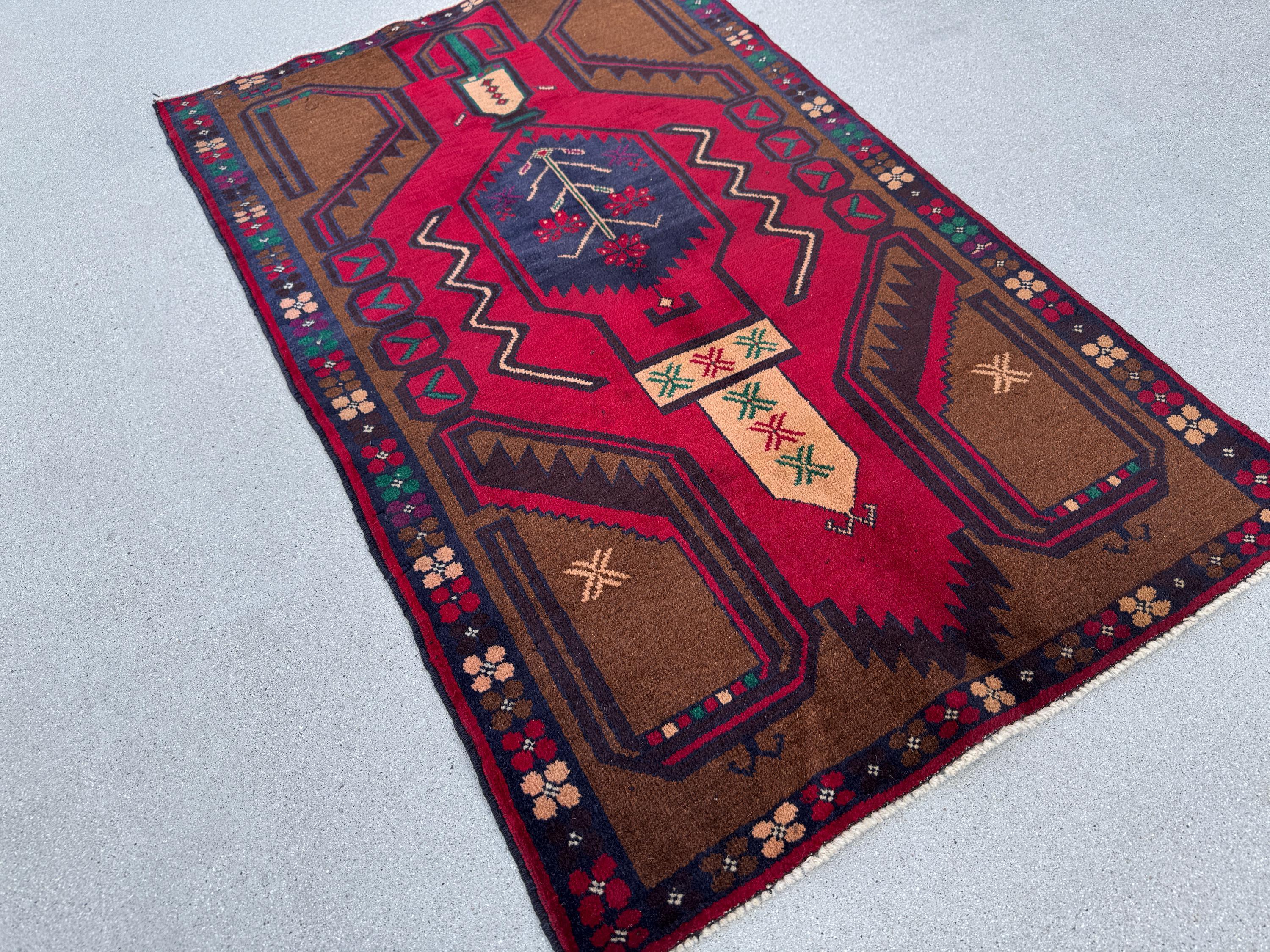 3x5 (91x152) Handmade Vintage Afghan Baluch Rug Coffee Brown Crimson Scarlet Red Navy Blue Maroon Forest Green White Cream Plum Forest Green