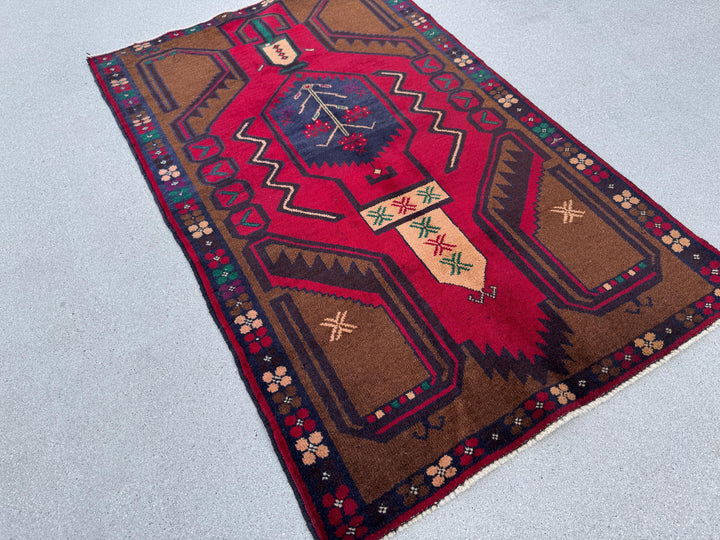 3x5 (91x152) Handmade Vintage Afghan Baluch Rug Coffee Brown Crimson Scarlet Red Navy Blue Maroon Forest Green White Cream Plum Forest Green