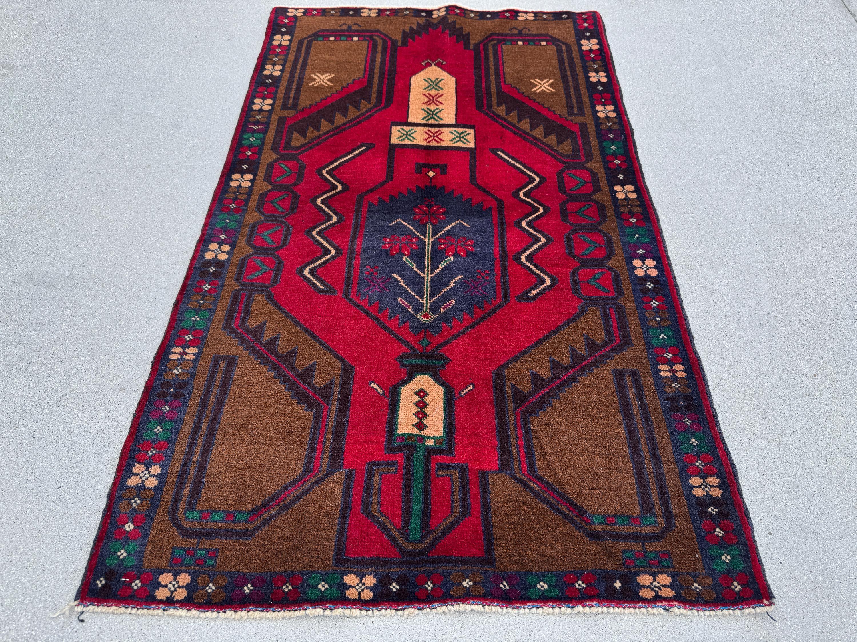3x5 (91x152) Handmade Vintage Afghan Baluch Rug Coffee Brown Crimson Scarlet Red Navy Blue Maroon Forest Green White Cream Plum Forest Green