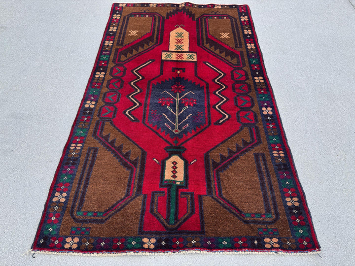 3x5 (91x152) Handmade Vintage Afghan Baluch Rug Coffee Brown Crimson Scarlet Red Navy Blue Maroon Forest Green White Cream Plum Forest Green