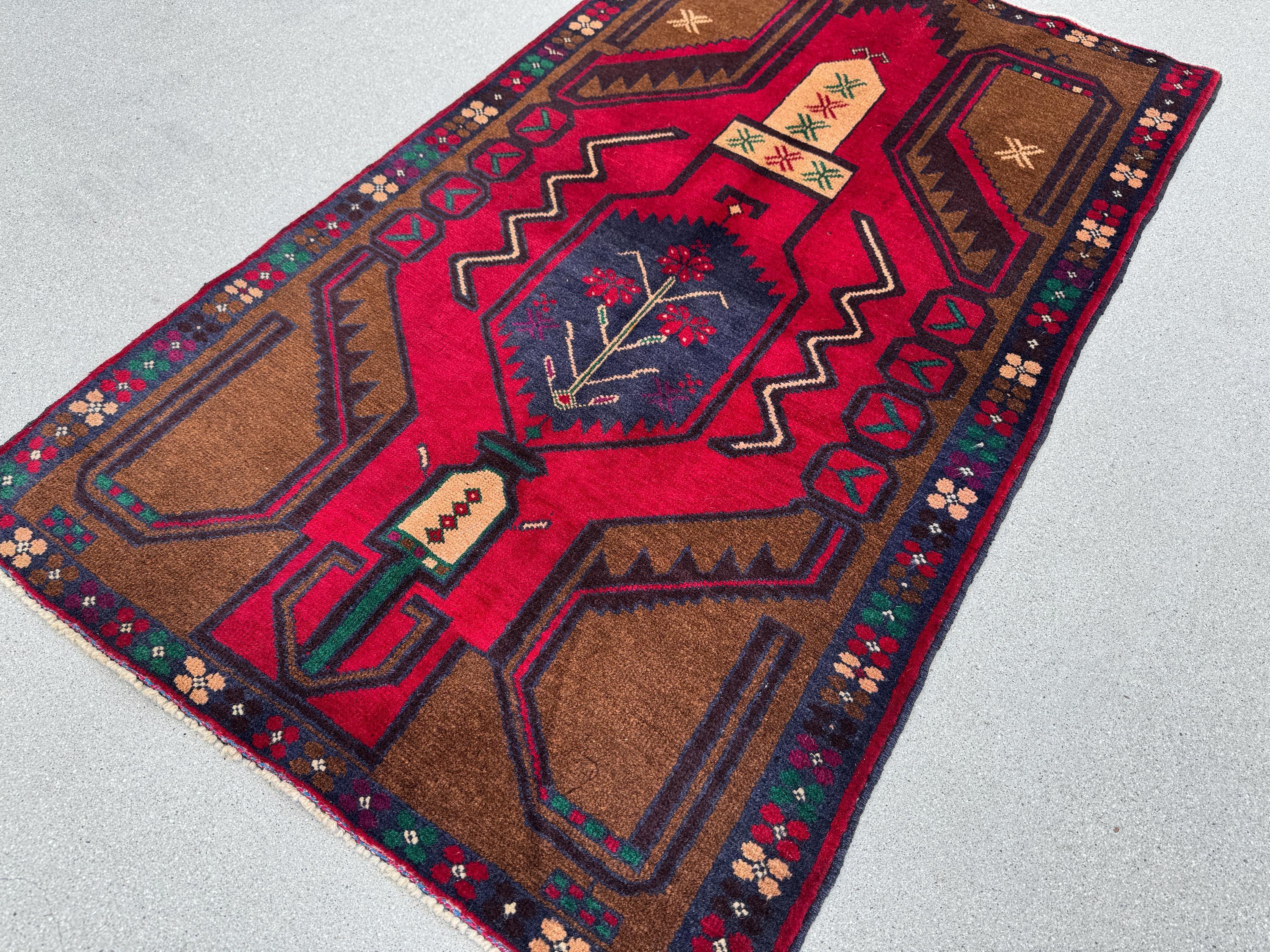 3x5 (91x152) Handmade Vintage Afghan Baluch Rug Coffee Brown Crimson Scarlet Red Navy Blue Maroon Forest Green White Cream Plum Forest Green
