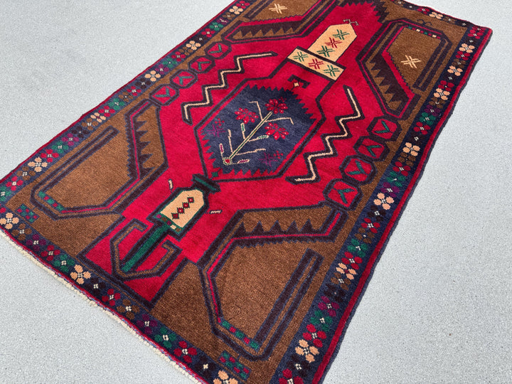 3x5 (91x152) Handmade Vintage Afghan Baluch Rug Coffee Brown Crimson Scarlet Red Navy Blue Maroon Forest Green White Cream Plum Forest Green
