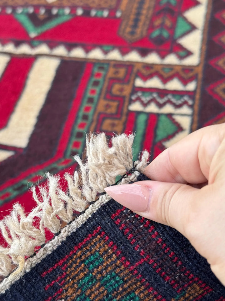 3x5 (91x152) Handmade Vintage Afghan Baluch Rug | Coffee Espresso Brown Maroon Crimson Blood Red Cream Forest Green Black White Black | Wool
