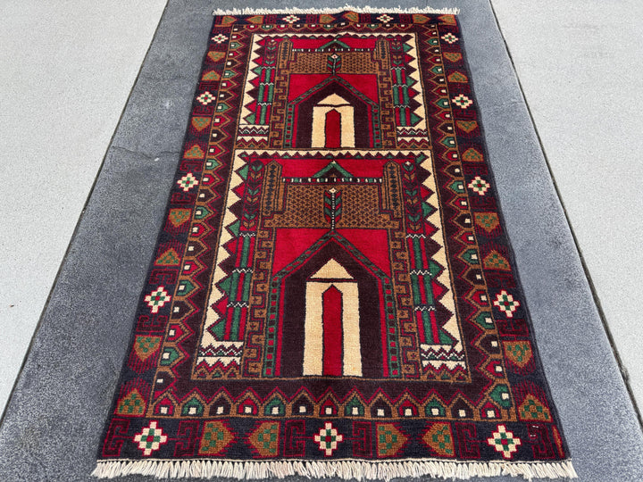 3x5 (91x152) Handmade Vintage Afghan Baluch Rug | Coffee Espresso Brown Maroon Crimson Blood Red Cream Forest Green Black White Black | Wool