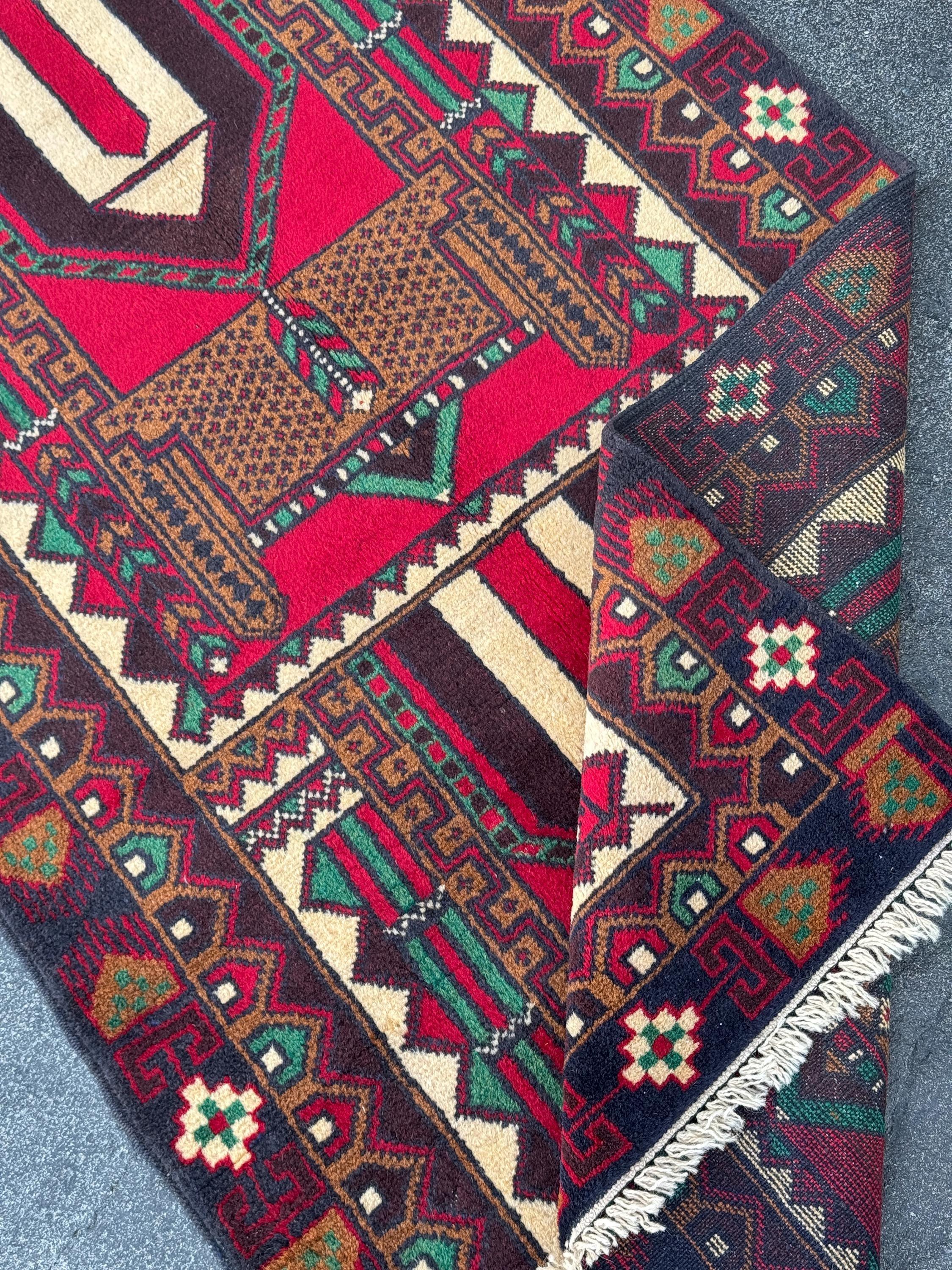 3x5 (91x152) Handmade Vintage Afghan Baluch Rug | Coffee Espresso Brown Maroon Crimson Blood Red Cream Forest Green Black White Black | Wool
