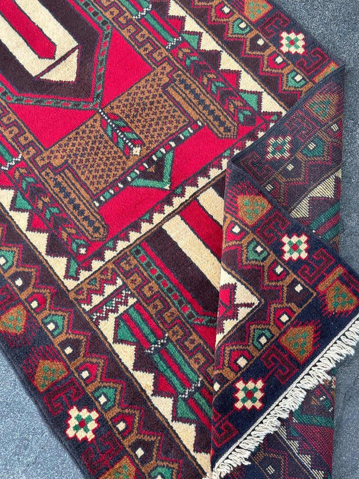 3x5 (91x152) Handmade Vintage Afghan Baluch Rug | Coffee Espresso Brown Maroon Crimson Blood Red Cream Forest Green Black White Black | Wool