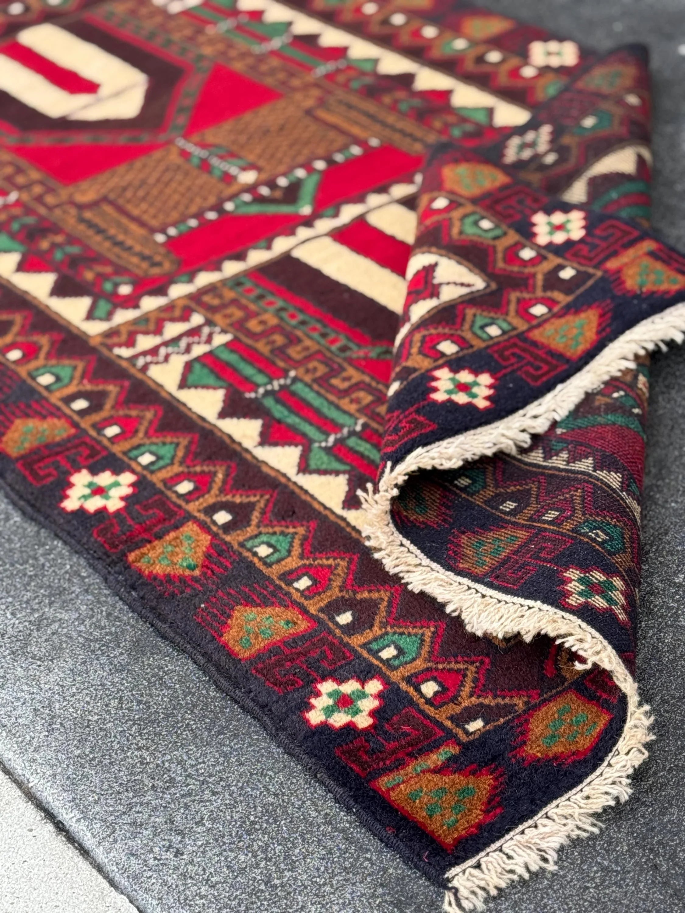 3x5 (91x152) Handmade Vintage Afghan Baluch Rug | Coffee Espresso Brown Maroon Crimson Blood Red Cream Forest Green Black White Black | Wool