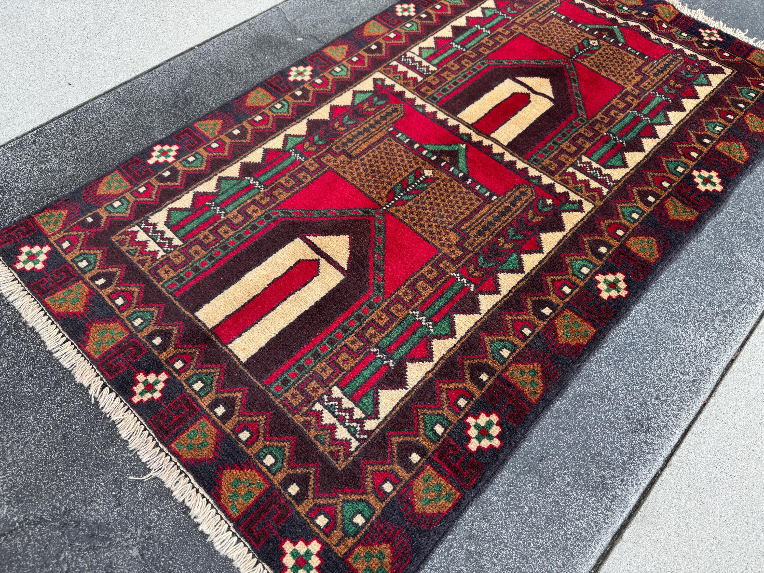 3x5 (91x152) Handmade Vintage Afghan Baluch Rug | Coffee Espresso Brown Maroon Crimson Blood Red Cream Forest Green Black White Black | Wool