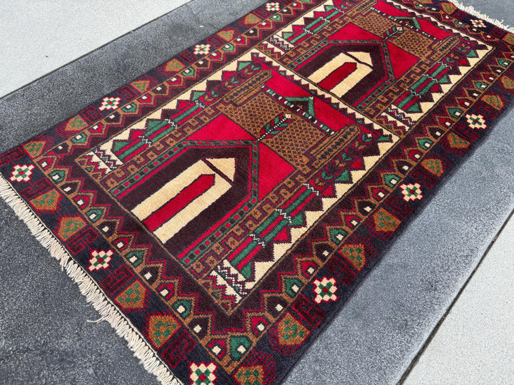 3x5 (91x152) Handmade Vintage Afghan Baluch Rug | Coffee Espresso Brown Maroon Crimson Blood Red Cream Forest Green Black White Black | Wool